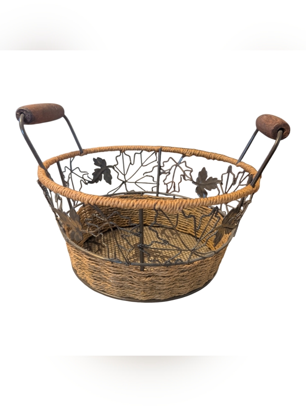 VTG Fall Themed Maple Leaves Wooden Handled Metal Wicker De Decorative Basket